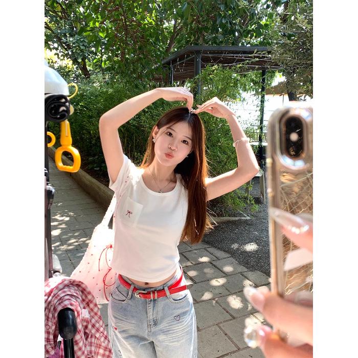 92% Cotton Women s Slimming Embroidered Round Neck Short Sleeve Top Medium белый