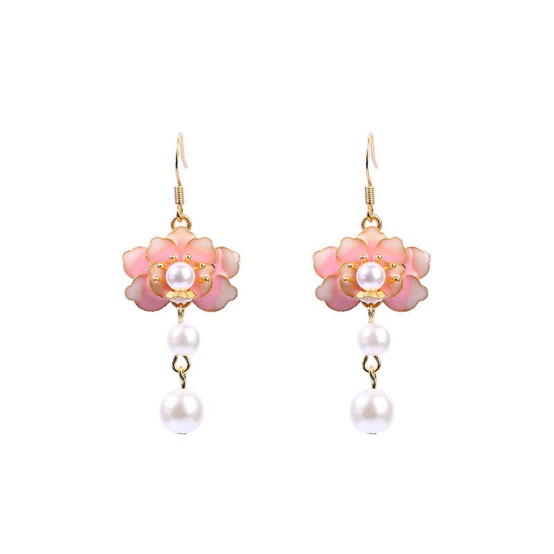 Aieryuan Chinese Enamel Lotus Pearl Dangle Earrings - Elegant Retro Style, Perfect Mom Birthday Gift.