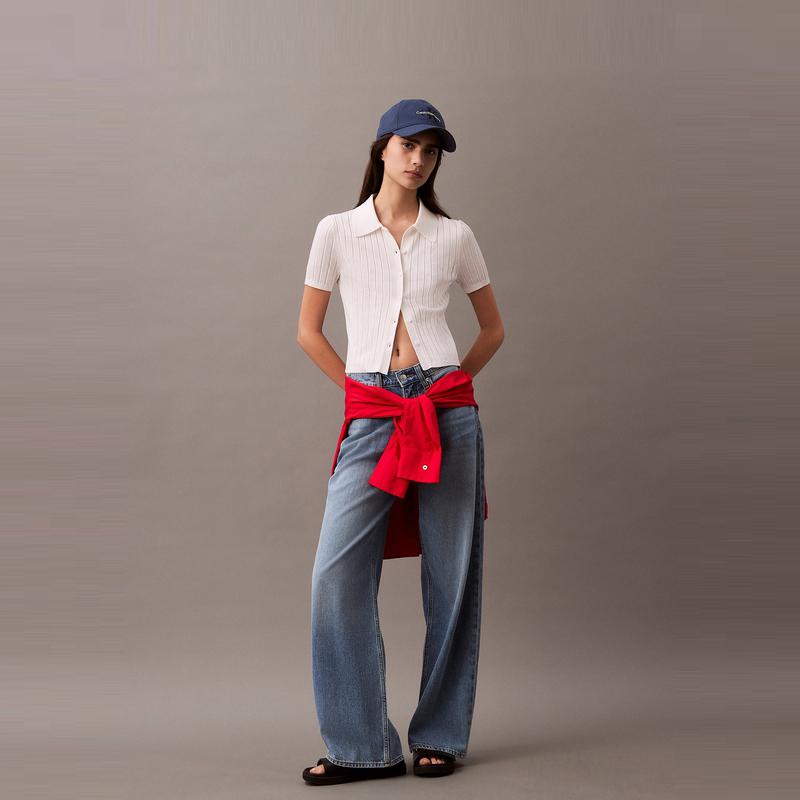 Calvin Klein Casual Striped Texture Polo Short Sleeve Knit Top Women tops White 47AB304-YAA