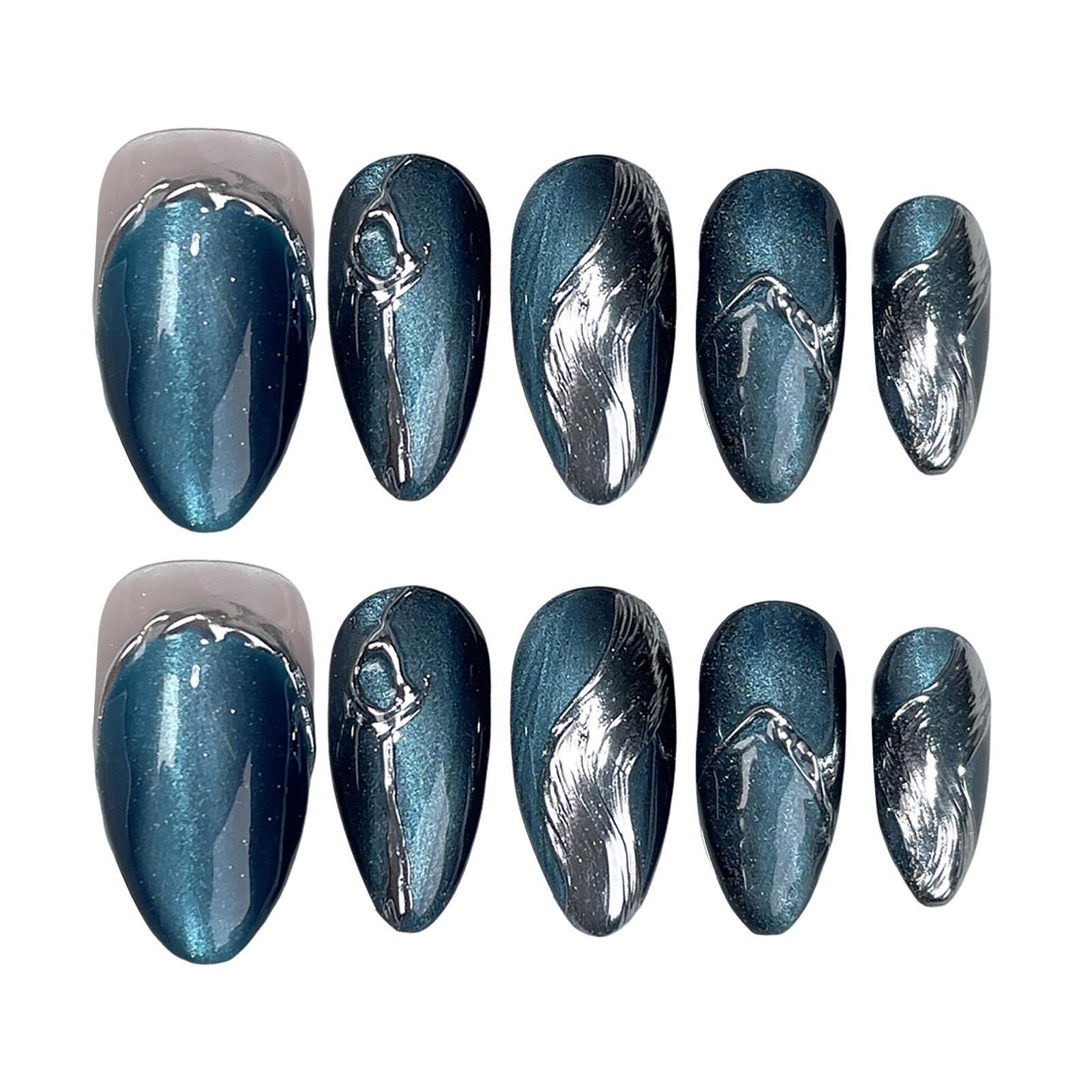 10Pcs Almond Velvet Cat Eye Fake Nails Medium Beige Handmade Manicure Kit M синий