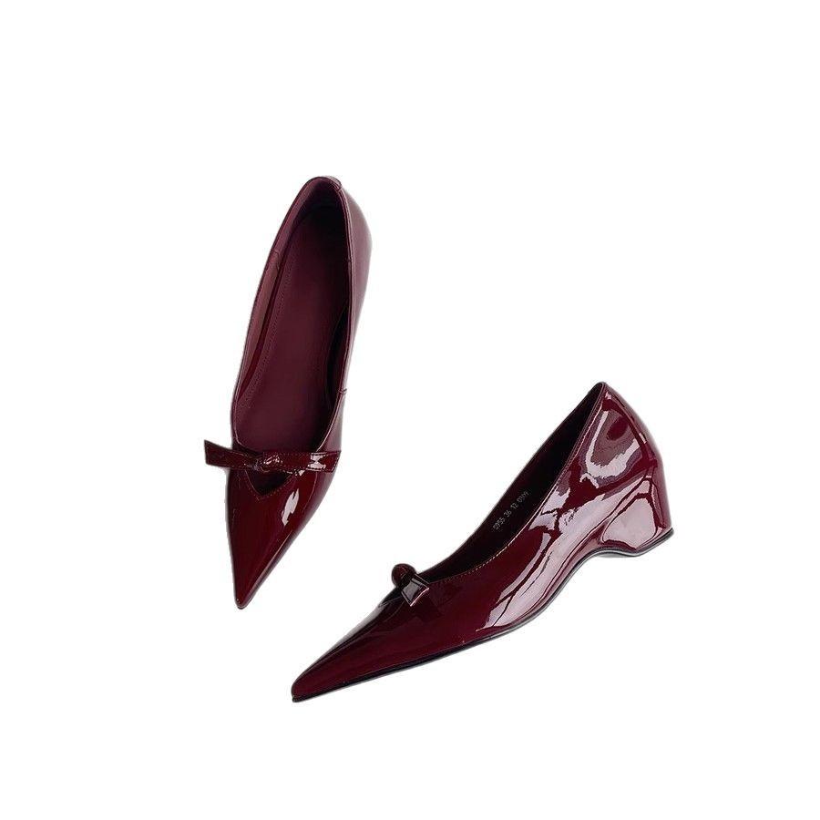 Sheepskin version~ pointed inner height increase Mary Jane shoes French temperament bow with skirt light mouth wedge heel single shoes women