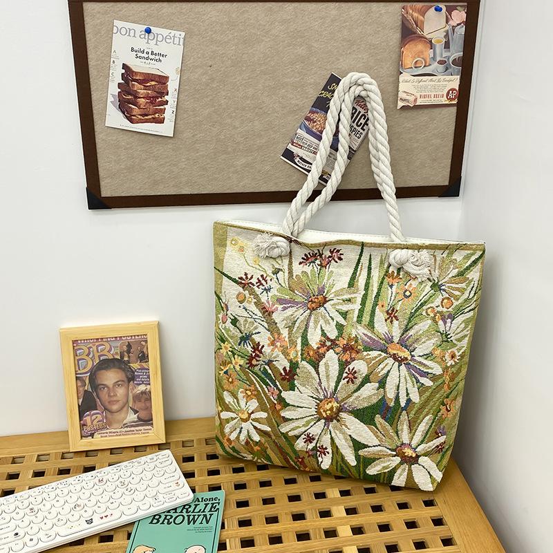 Single-shoulder Bag Fashionable Large-capacity Tote Bag Embroidered Linen Bag