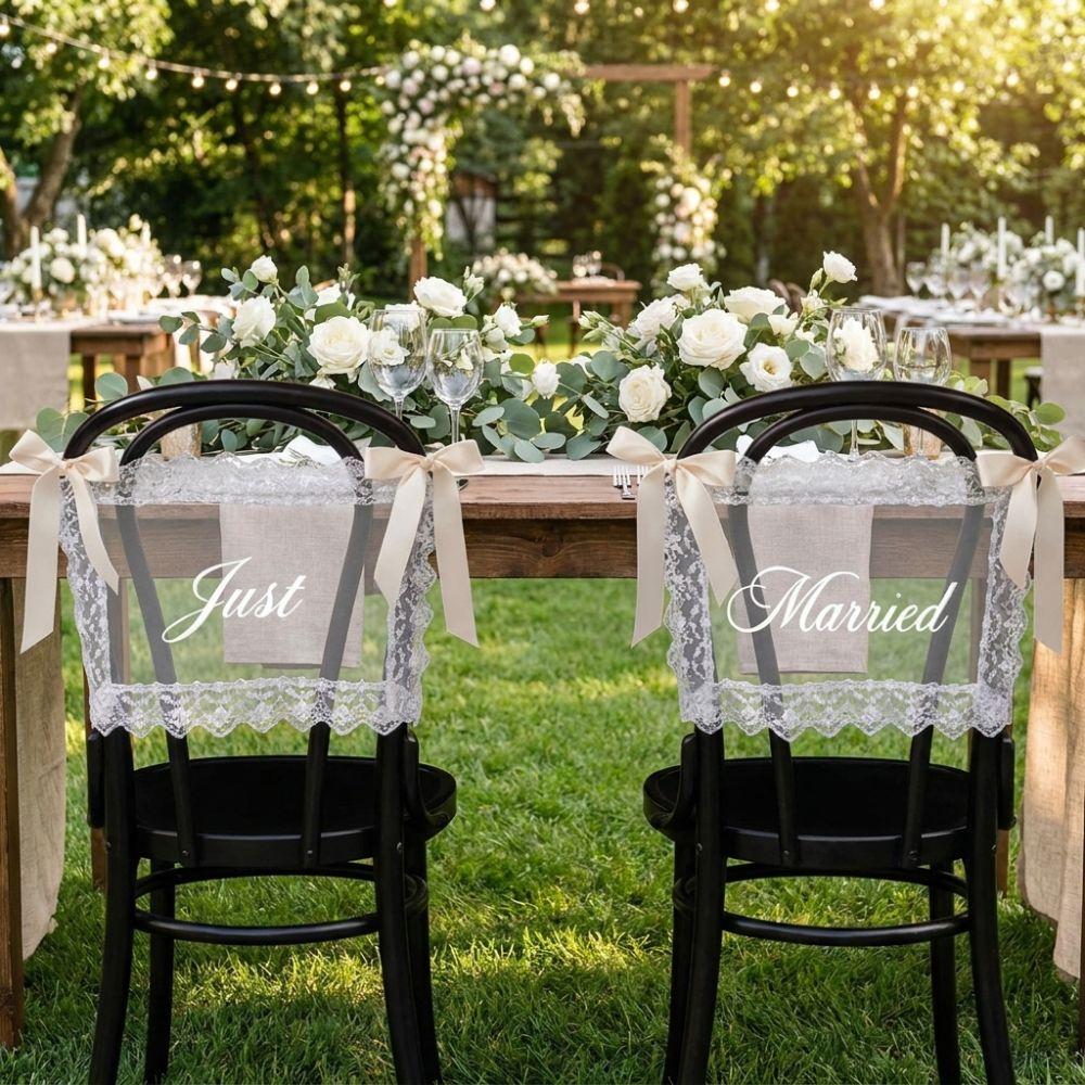 2PCS French Romantic Wedding Chair Back Lace Cover Reusable Multi Purpose Strap Chair Cover Creative Wedding Chair Decoration