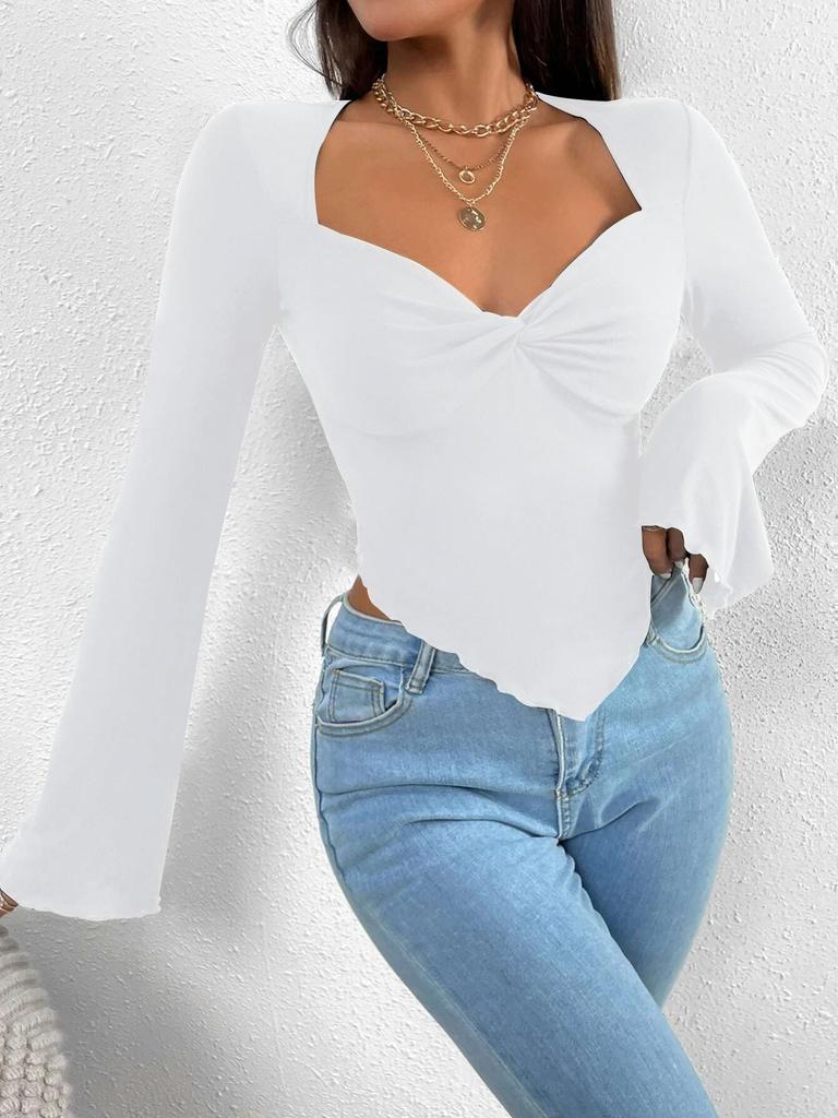 T-shirt Vacation V-neck Flared Sleeve Waisted Irregular Knit Long-sleeved T-shirt Tops