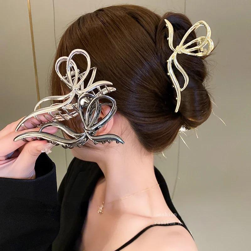 

Large Bowknot Womens Hair Claw Clip for Thick Thin Hair Accessories Trendy Elegant Gold Silver Metal Streamer Crab Clamp Jewelry
