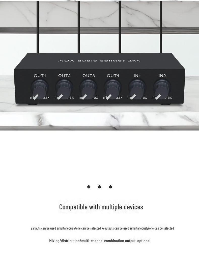 2-In 4-Out High Fidelity 3.5mm AUX Stereo Audio Distributor with Volume Control