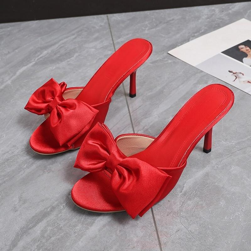 Fashion Stiletto Open Toe One Bow Slippers Women's Summer New Outside Wear Round Toe Anti-slip Wear-resistant High Heels