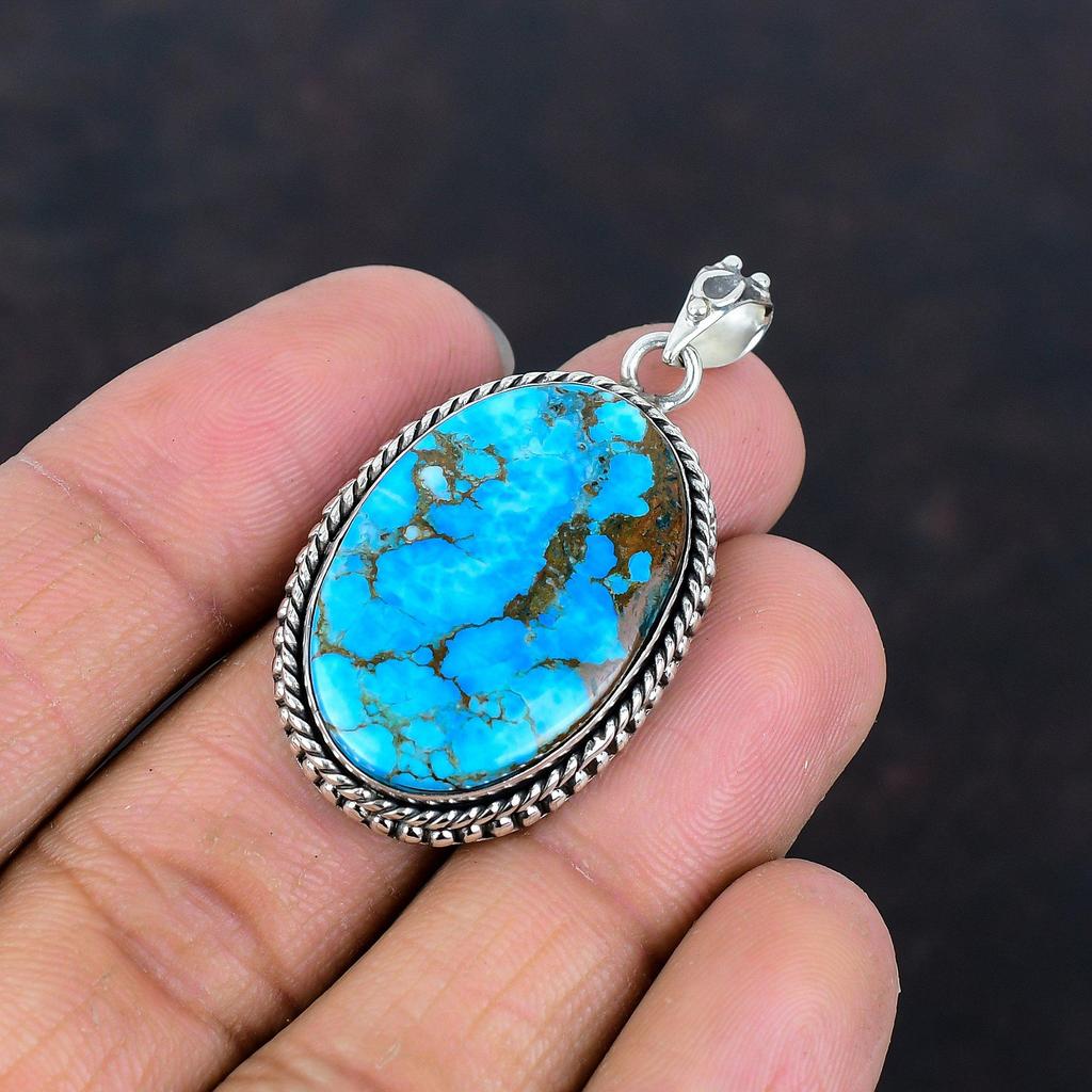 Tibetan Turquoise Pendant Gemstone Pendant Handmade Jewelry 925 Sterling Silver Pendant Decent Pendant Gifts for Wife Silver Elegant Jewelry