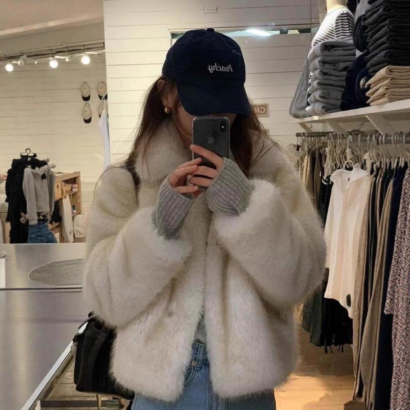 

Новое сладкое пальто-пушистик, женственное лацкан, пальто из искусственного меха, зимнее, экологичное, из лисьего меха, женская одежда One Size