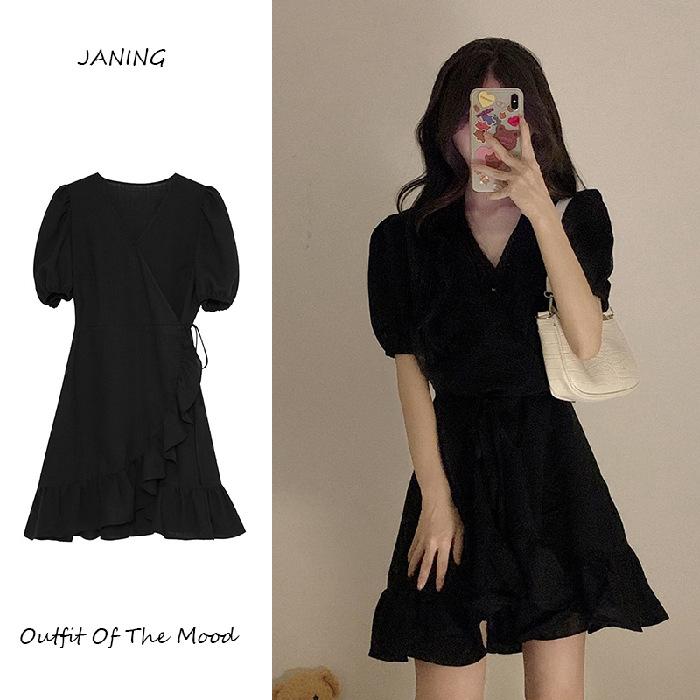 High rating, black bubble sleeve temperament dress, new French short style, small black dress, waist and thin woman S