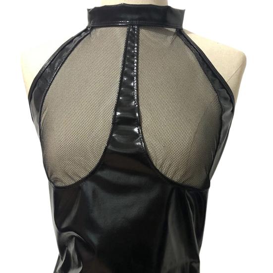 Women Honeymoon Bodysuit Fishnet Faux Leather Patchwork Off Shoulder Bodycon Chain Decor Open Crotch