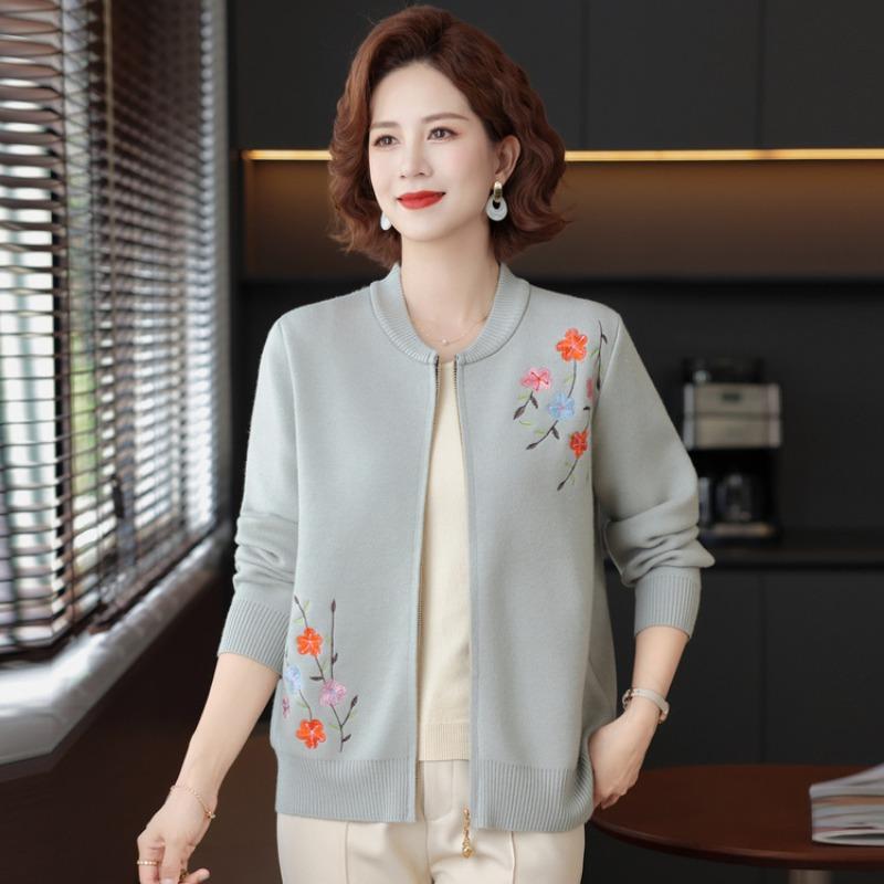 Medium versatile thread coat grandma coat spring and autumn sweater mother small cardigan old man crew neck embroidered knitted sweater