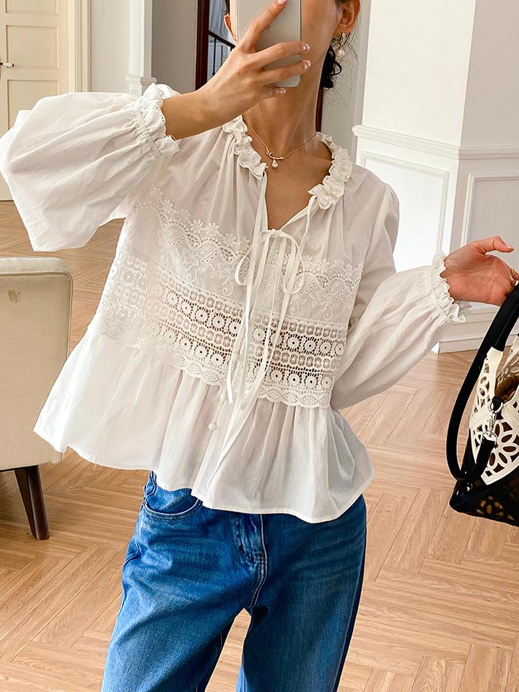 Autumn Lace Long Sleeve White Shirt - European & American Style Women's Top