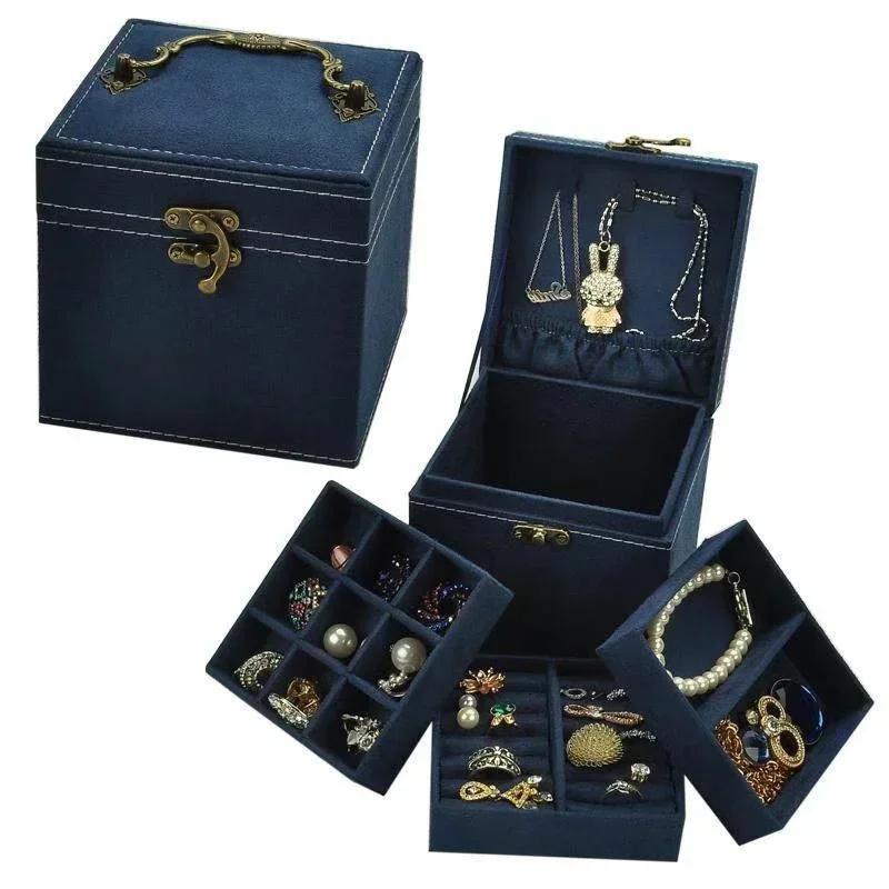 1 Pcs Multi-functional Three-layer Leather Drawer-style Jewelry Box Earrings Lock Jewelry Box Necklace Ring Storage Box