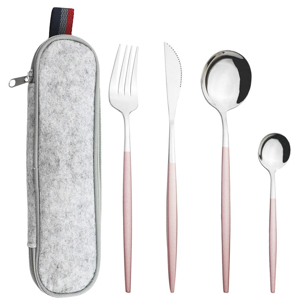 Mátově zelená zlatá sada nádobí Sada příborů na cesty, kemping, nůž, vidlička, lžíce, přenosná šedá taška, sada nádobí z nerezové oceli