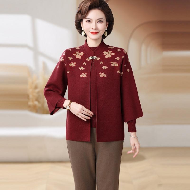 Middle-aged and Elderly Women's Clothing Autumn and Winter Sweater Cardigan Jacket New Year Mother Spring and Autumn New Knitted Two-piece Suit