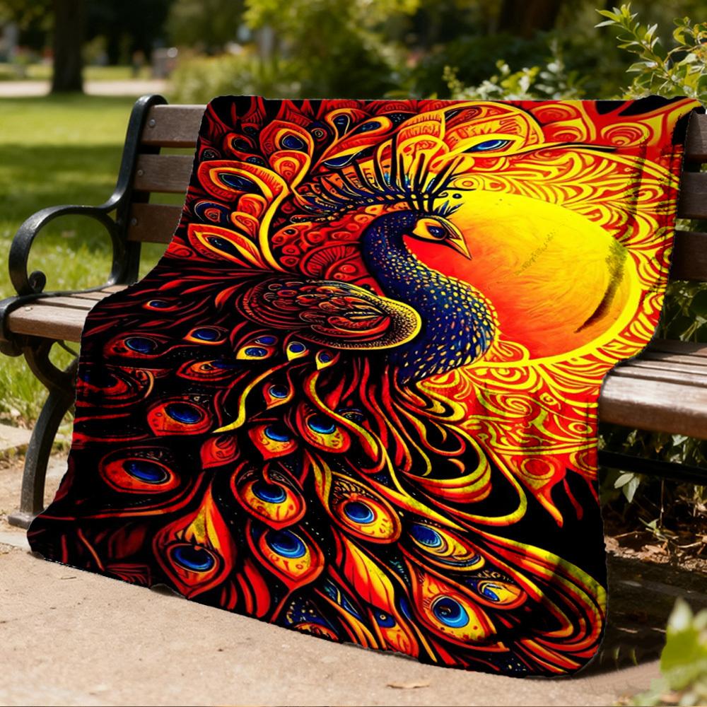 1pc Peacock Feather Print Print Outdoor Blanket, Lightweight Polyester,