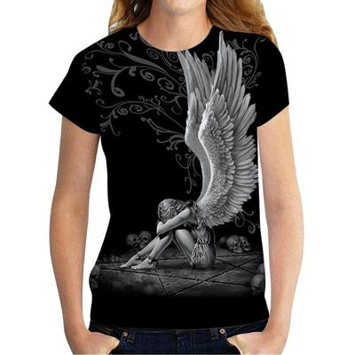 2022 3d Gothic Engel Print T-shirt Runde Kragen Schwarz Kurzarm Engel Drucken Lustige Flügel Frauen Hip Hop Schädel Größe 6xl