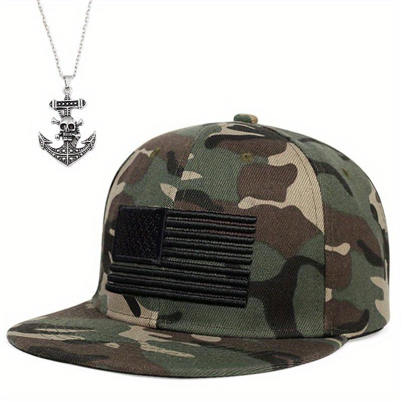 

2pcs Men s Baseball Cap Necklace Set Fashion Embroidery Sunshade Flat Brim Hip Hop Cap Vintage Skull Anchor Pendant Necklace Outdoor Sports Cap камуфляжний