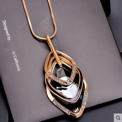 Gold&Silver Color Rhinestone Long Necklace Vintage Punk Triangle Square Oval Crystal Glass Pendant Necklaces Women Jewelry