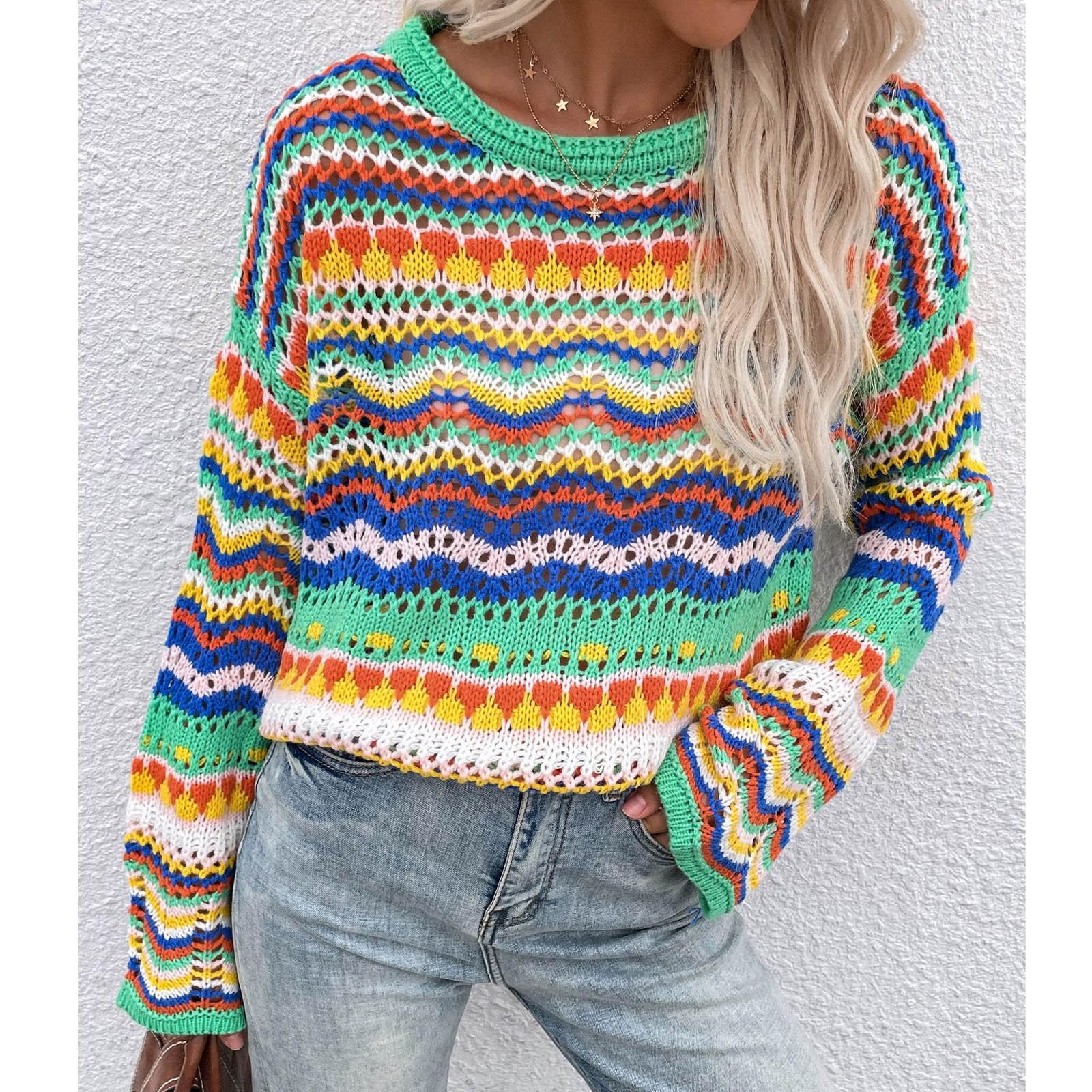 

Женский свободный двухцветный свитер в полоску с круглым вырезом, повседневный топ с вырезом XL зелёный