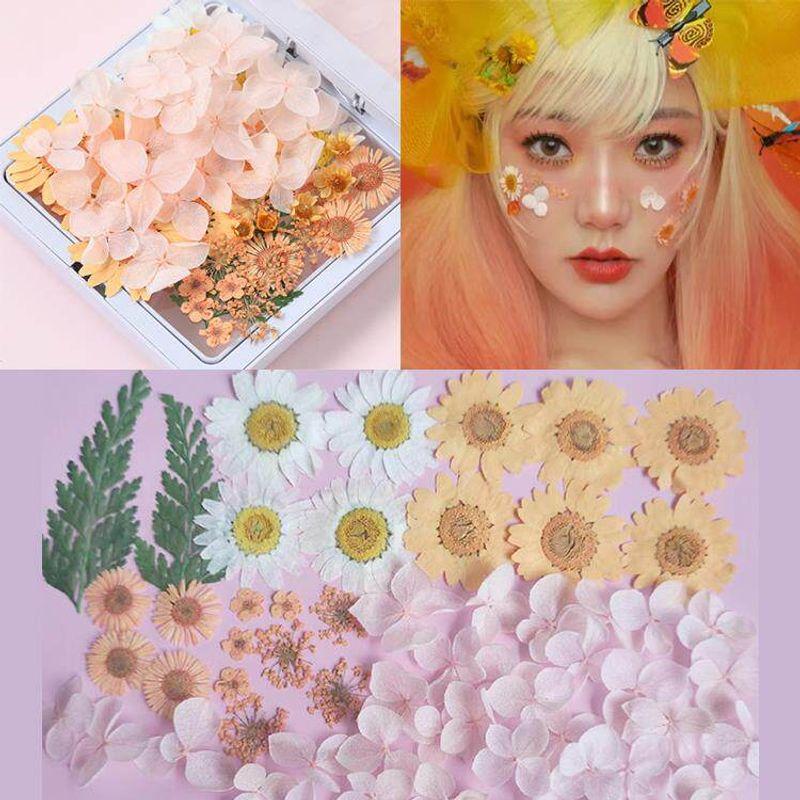 

Authentic Forest-Style Makeup with Dried Flower Embellishments on the Face, Stage Butterfly Glitter Eye Makeup, Bridal Makeup for Photo Studio Orange Forest Dried Flowers with Glue Tweezers