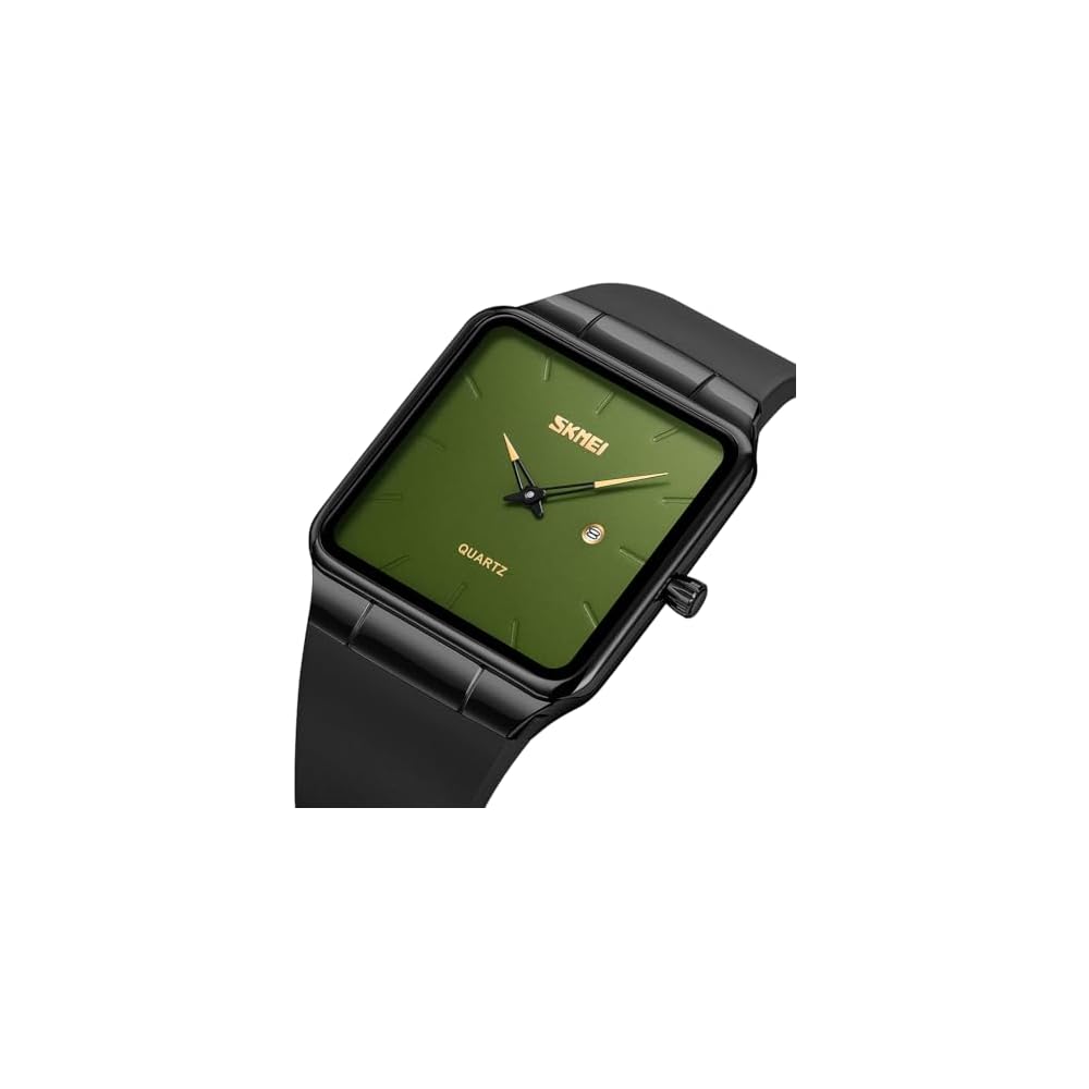 Square Men's Watch Leather Strap Black Simple Slim Stylish Waterproof Casual Business Gift Black Green