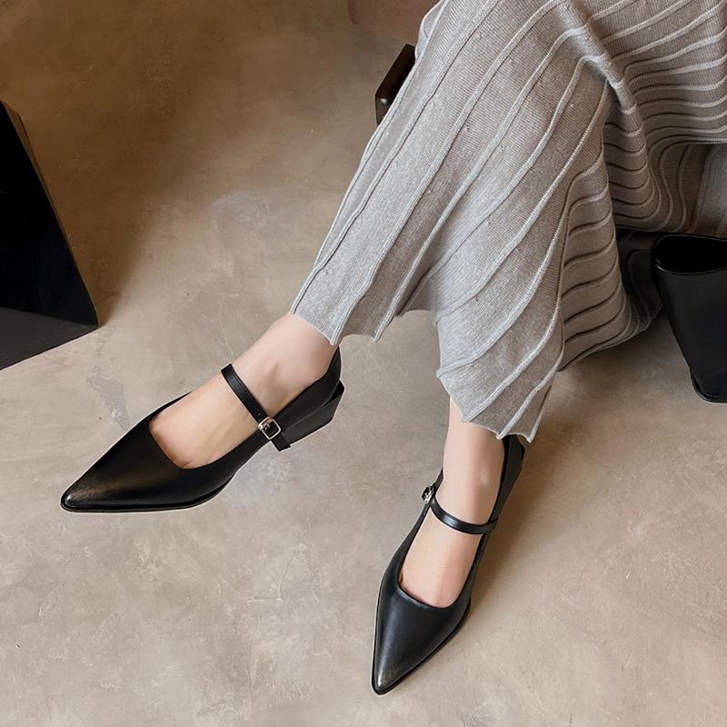 Fashion 2025 New Spring Women Pumps Pointed Toe Genuine Leather Women Shoes Buckle Strap Mary Janes Ladies Shoes Cowhide Leather