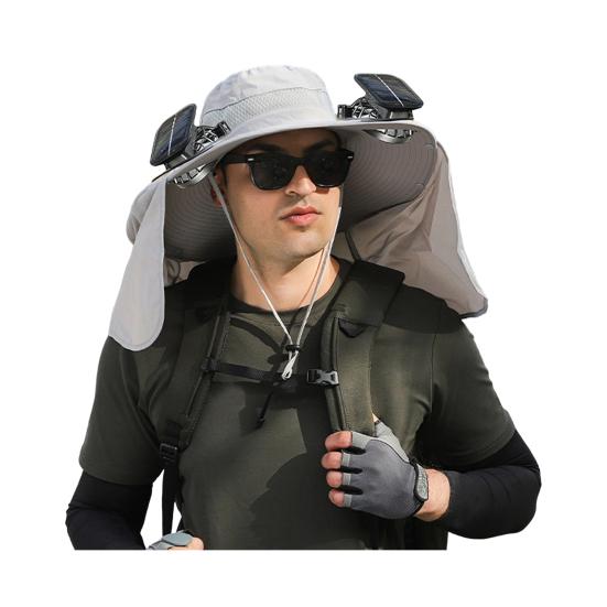 Bucket Hat Lightweight Breathable Water-Repellent Fabric Hiking Hat Adjustable Chin Cord Foldable Neck Guard Sun Hat with 2 Fans