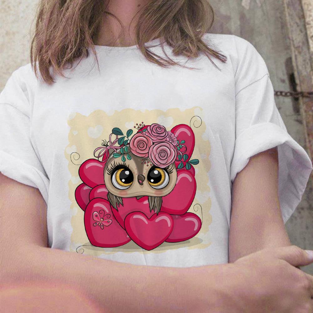 Summer 2025 New Tops Trend Cute Owl Print Ladies T-Shirt Casual Basics Round Neck White Short Sleeve Ladies Tshirt