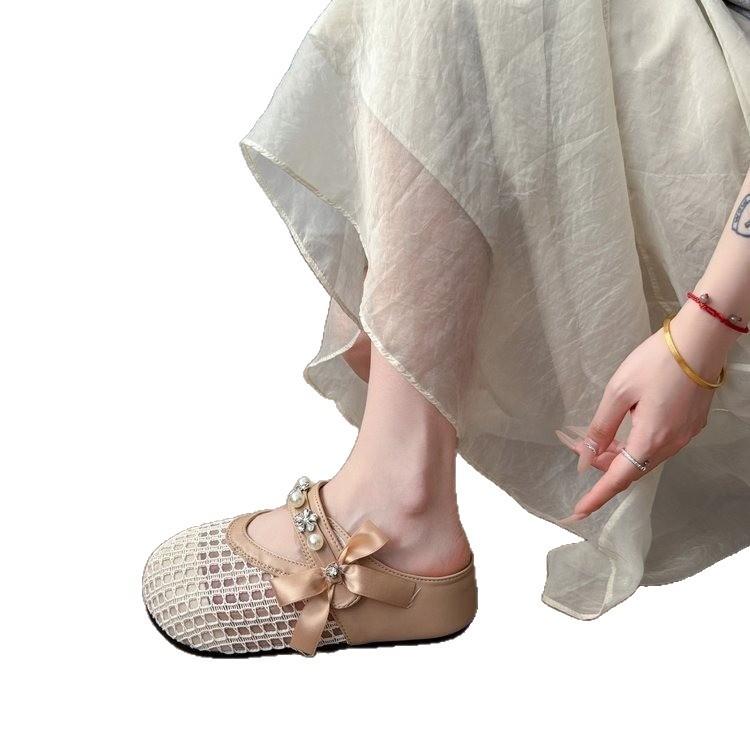 Baotou wears half slippers outside, women's summer 2025 new mesh breathable slippers, thick-soled one-pedal beaded cool slippers