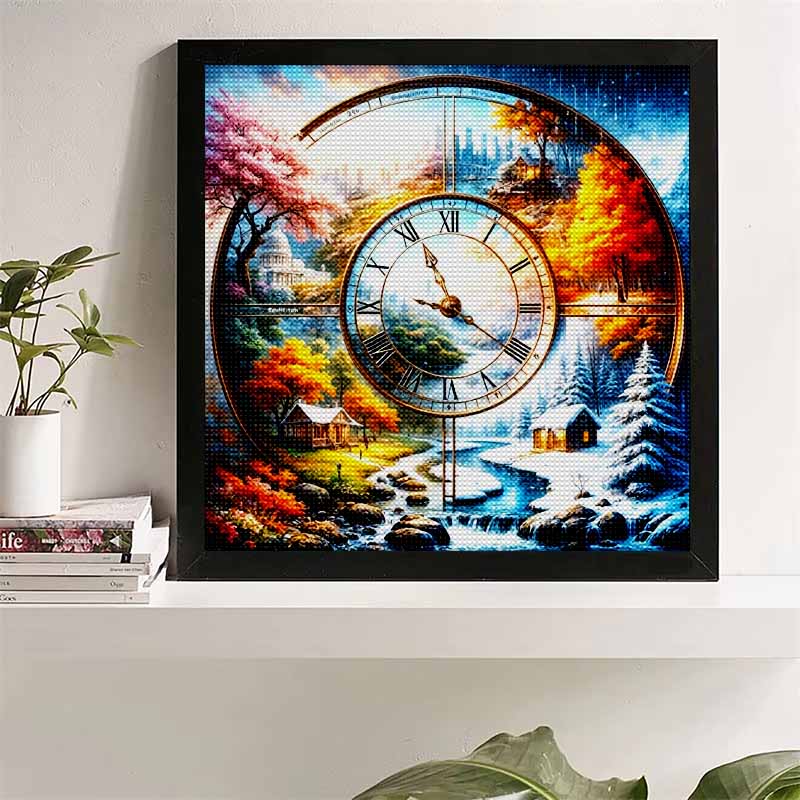 Novinka 5D DIY Celokruhová diamantová malba „Ilustrace krajiny s hodinami“ Vyšívání Křížkový steh Domácí dekorace Dárek