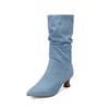 Fashion Trendy Women Pleated Blue Denim Jeans Boots Spike Heels Pointy Toe Knee-high Boots Shoes Autumn Winter Red Black White Pink