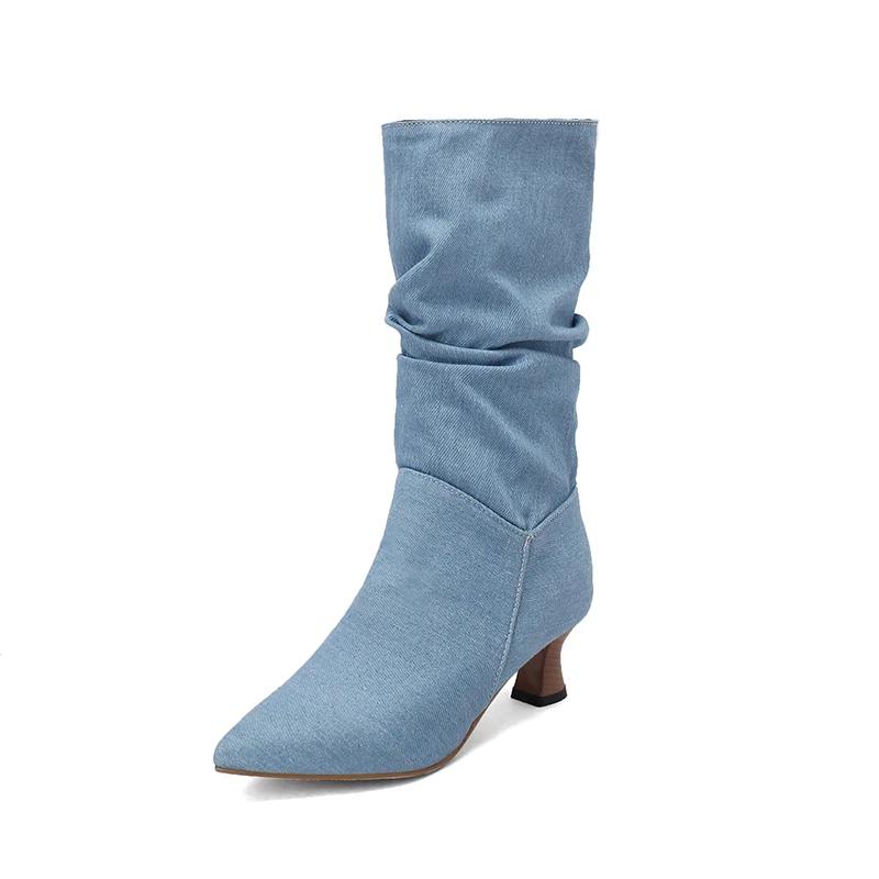 Fashion Trendy Women Pleated Blue Denim Jeans Boots Spike Heels Pointy Toe Knee-high Boots Shoes Autumn Winter Red Black White Pink