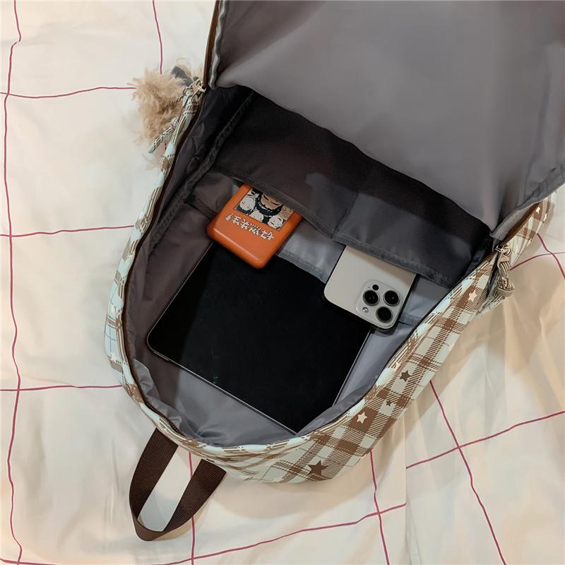 Schulrucksack für Studenten Damen Retro Karomuster Große Kapazität Reiserucksack