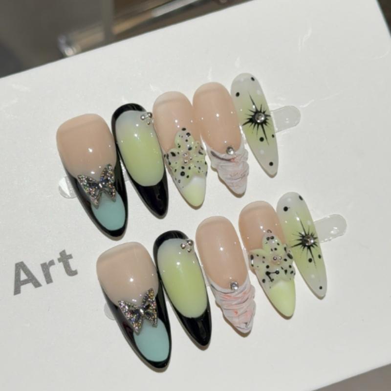 10Pcs Y2K Gradient Press on Nails - Bow  Star Rhinestone Almond Fake Nails XS