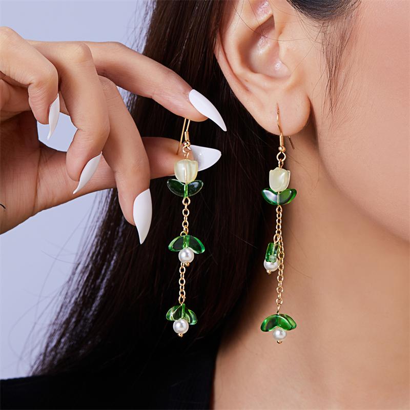 Korean Exquisite Imitation Pearl Tassel Drop Earring For Women Shiny Zircon Flower Leaf Long Ear Line Geometric Earring Jewelry