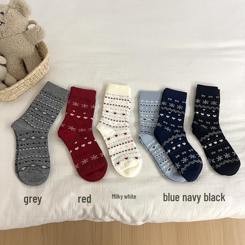 

Korean Style Fair Isle Retro Christmas Women s Socks - Red New Year Edition One Size Темно-синій