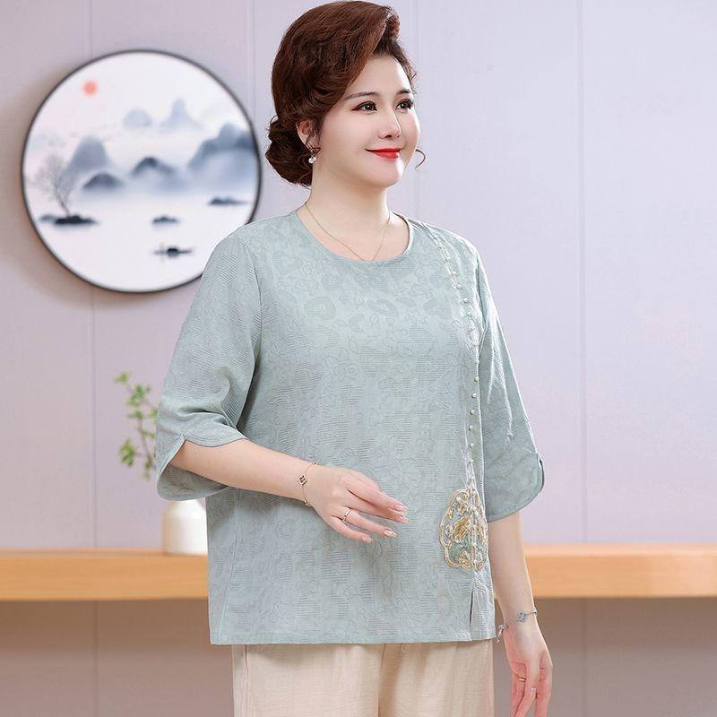 Summer Dress with Three-quarter Sleeves Plus Fat for Middle-aged and Elderly People New Chinese Style National Style Embroidery