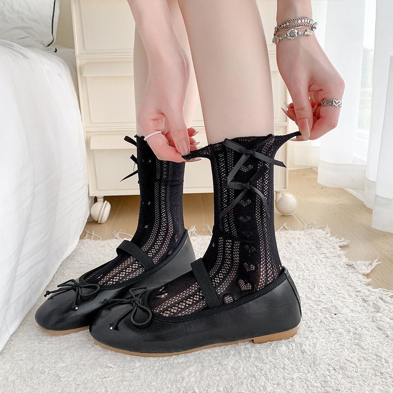 Boots Are Still Cotton, Thin Lolita Lace Stacked Socks, Side Love Bow, Ballet Style Carved Air Tube