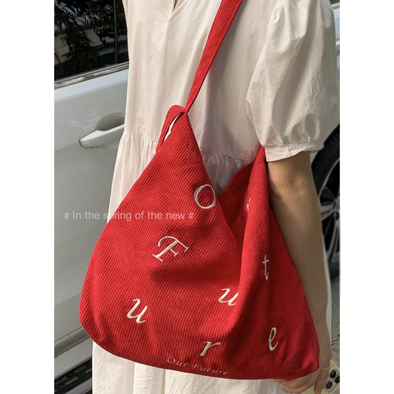 Korean Version of Embroidered Letter Corduroy Large Bag Women's 2025 New Tote Bag Student Class Large-capacity Crossbody Bag