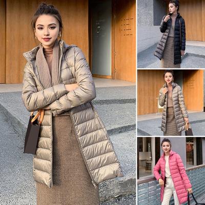 Dámský zimní péřový kabát s kapucí, vatovaný, jednobarevný, střední délky, slim fit, nadměrná velikost, dlouhé rukávy, zapínání na zip, větruodolná, teplá bunda