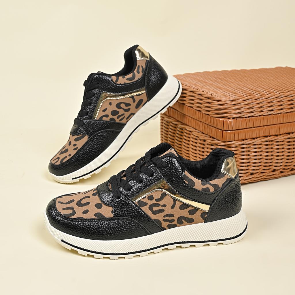 Autumn New Flat-bottomed Leopard Print Lace-up Casual Sports Shoes Women's Foreign Trade Large-size Four-season Single Shoes Running Shoes
