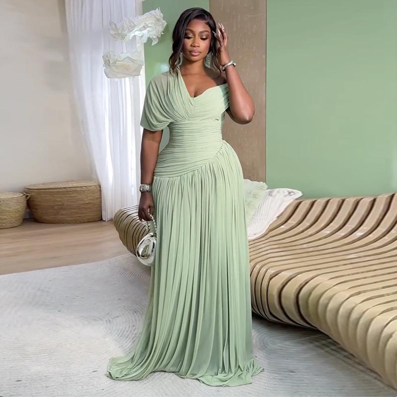 2026 Elegant One-Shoulder Pleated Waist-Cinched Lace-Up Long Sleeve Dress for Women