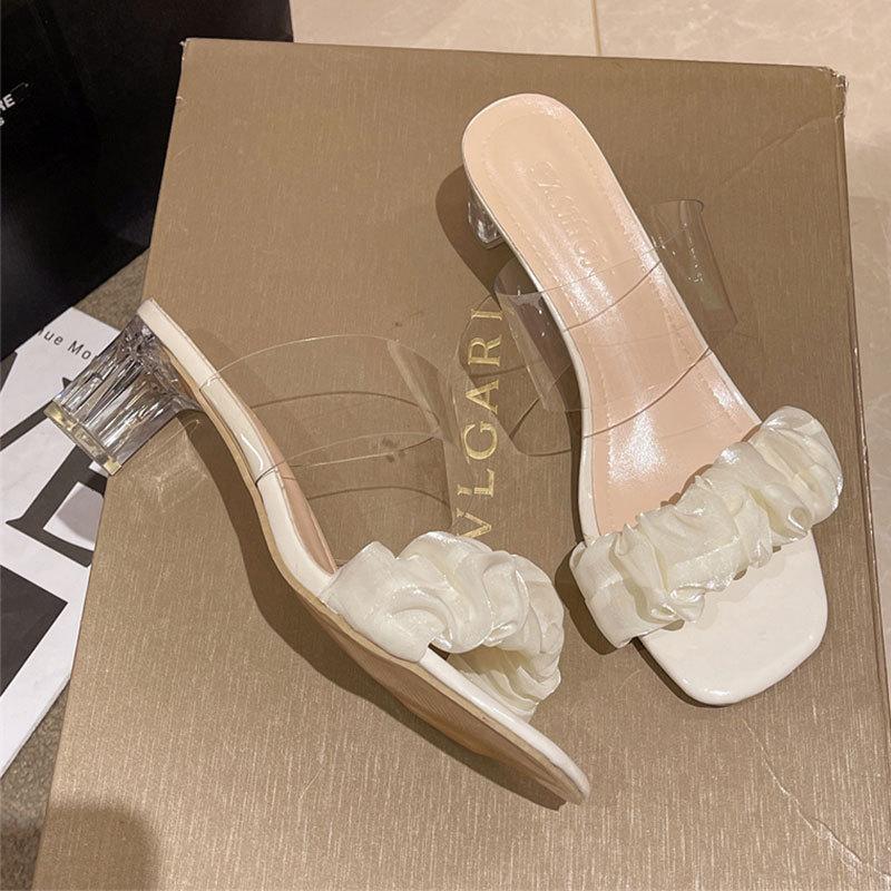 Transparent high heels summer crystal thick heel sandals female 2025 new fairy wind half drag French Internet celebrity cool slippers