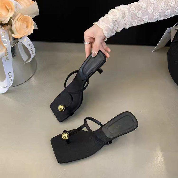 Fashion trend sense soft sole not tired feet square head thin heel high heels set toe cool slippers