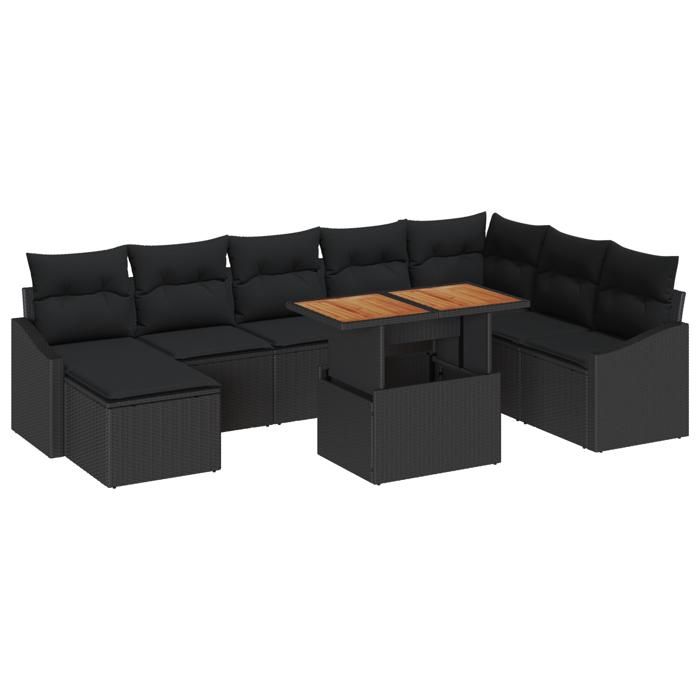 VidaXL Ensemble de salle à manger de jardin en 9 pièces avec coussins en poly rattan noir et acacia 3349876