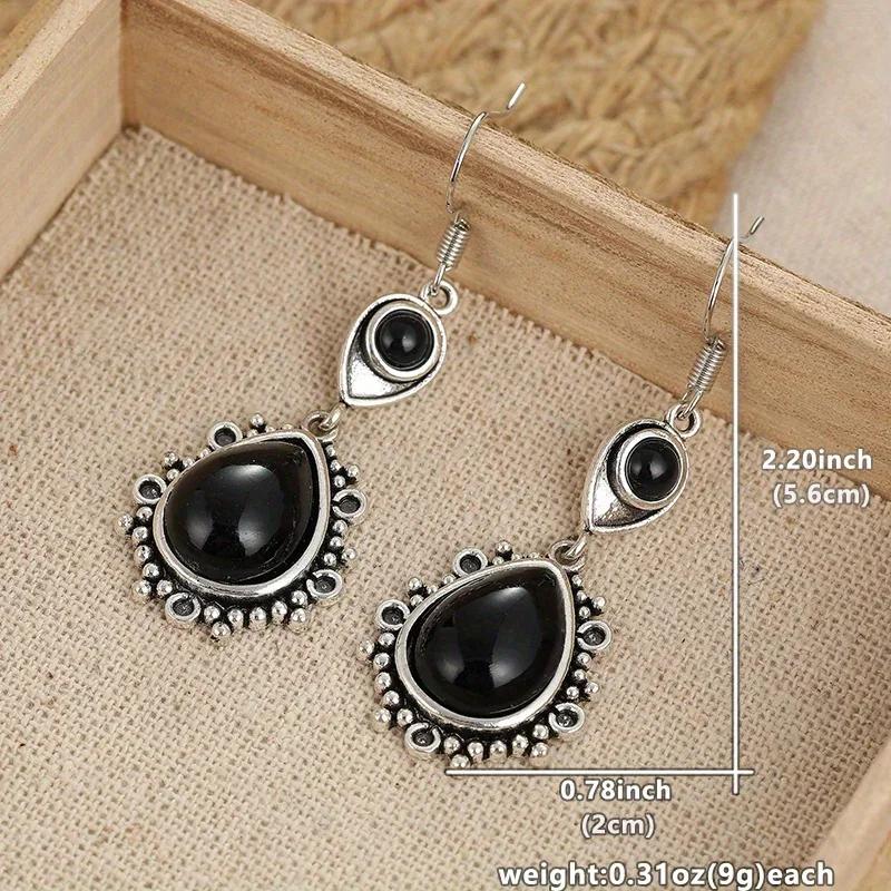 Vintage Silvery Plated Black Stone Dangle Earrings for Women Elegant Exquisite Banquet Jewelry Geometric Hollow Pendant Earrings