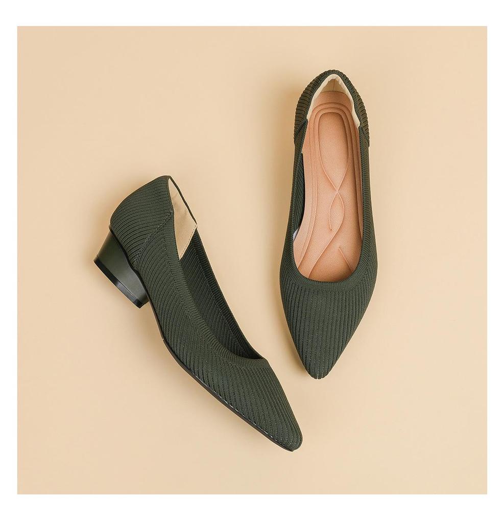 B35-3 Pointed Toe Low-Cut Chunky Heel Breathable Plus Size Striped Knit Shoes