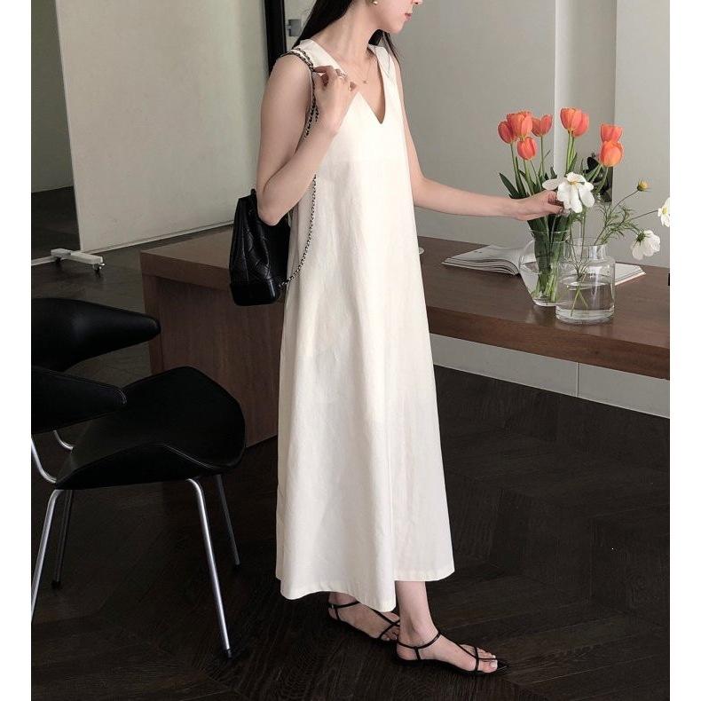 Chic summer French retro V-neck loose casual solid color knee long sleeveless vest dress women